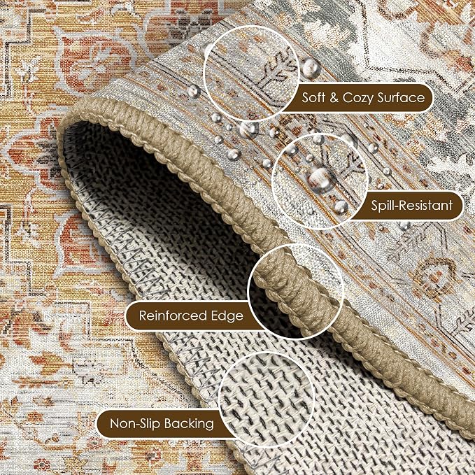 Washable Area Rug 5' x 7' Vintage Traditional Persian Mat - Foldable Distressed Non-Slip Machine Washable Carpet for Living Room Bedroom Kitchen Home Decor - Dove Gray and Coral