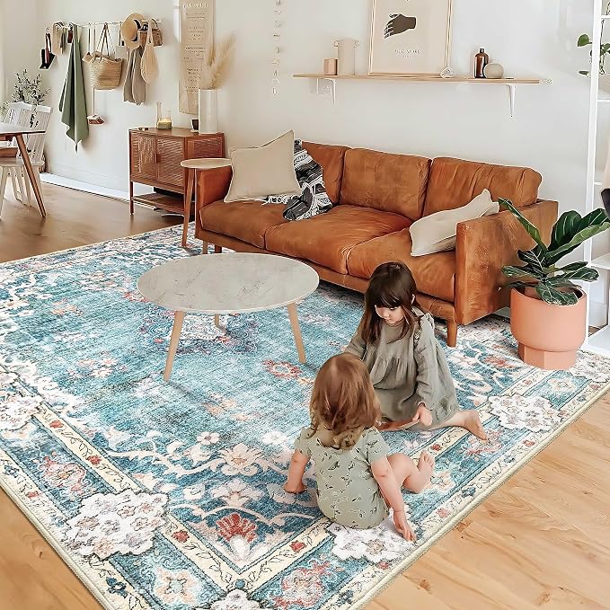 MUJOO Teal Rug Washable,6x9 Area Rugs Non Slip Low-Pile Floral Large | Machine Washable Throw Carpet for Living Room Bedroom Dining Room Boho Soft Indoor Vintage Abstract Flowers Blue Colorful
