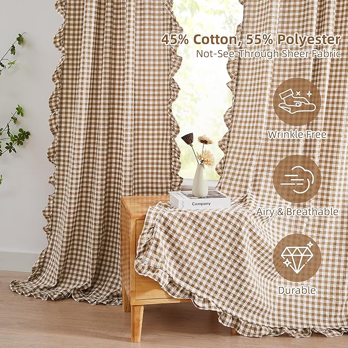 ZJDECOR Brown Buffalo Plaid Not-See-Through Sheer Curtains 72 Inches Long | Crinkle Woven Panels,Farmhouse Gingham Drapes,Neutral Window Treatment for Bedroom Living Room,Rod Pocket,40"Wx72"Lx2