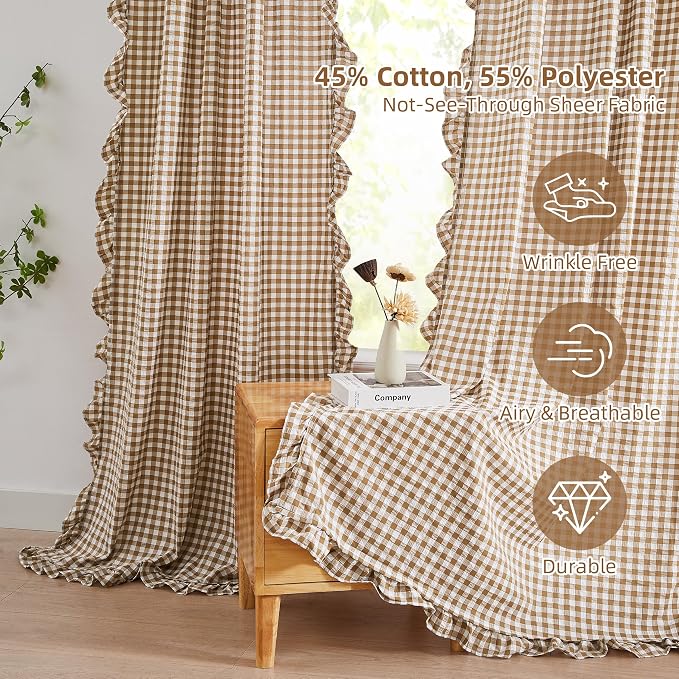 ZJDECOR Brown White Buffalo Plaid Curtains 84 Inches Long for Bedroom | Cottage Ruffle Not-See-Through Sheer Crinkle Drapes,Farmhouse Window Treatment,Nursery Living Room,Rod Pocket,40"Wx84"Lx2