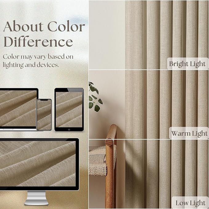 Grey Beige Pinch Pleat Linen Kitchen Curtains 45 Inches Long 2 Panels | Basement Short Curtains for Small Bay Window, Pinch Pleated with Hooks Rings Back Tab, Thick Linen Semi Sheer, W40xL45