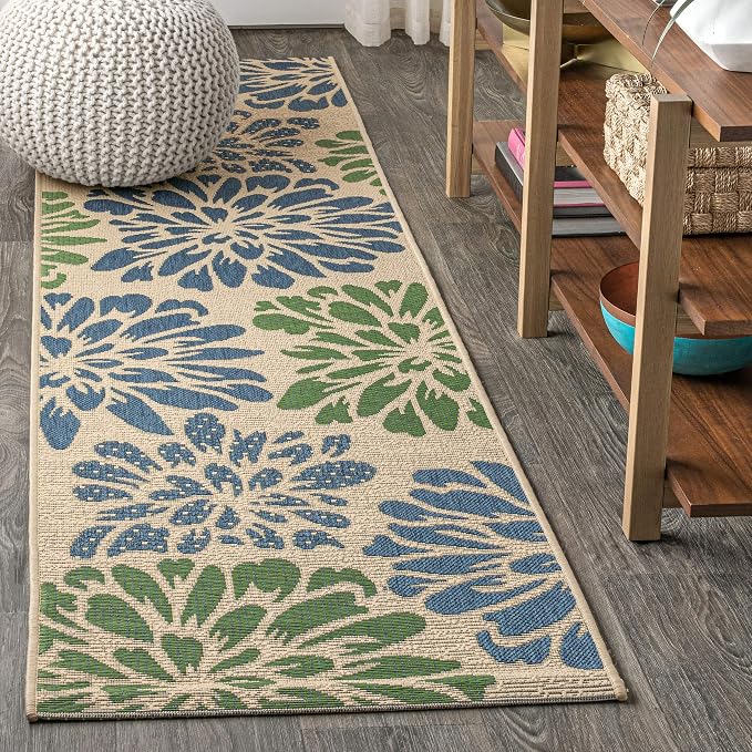 JONATHAN Y Floral Textured Weave Indoor Outdoor Runner Rug 2X20 Navy/Green, Zinnia Modern for Backyard, Patio, Porch, Easy-Cleaning, High Traffic, Pet-Friendly, Non-Shedding (SMB110B-220)