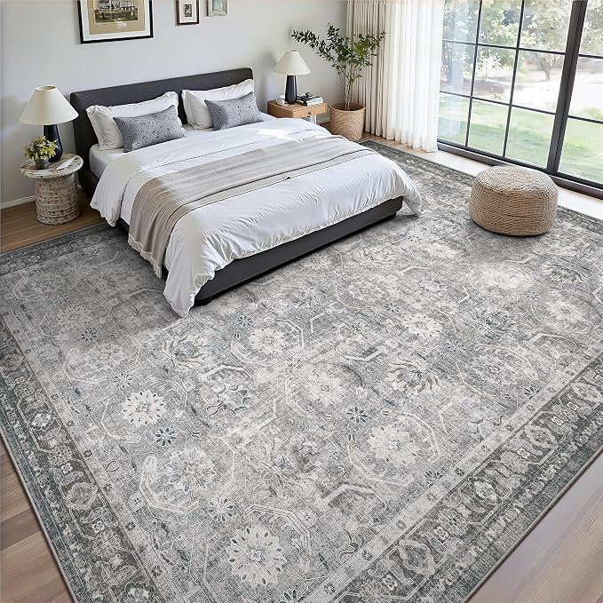 Large Area Rug 10x14, Soft Non Slip Low Pile Washable Rug, Boho Modern Area Rug for Living Room, Bedroom, Dining Room, Distressed Grey