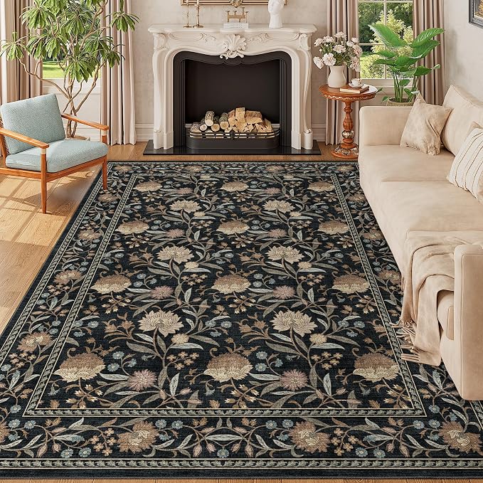 DUKINO 6x9 Area Rug, Vintage Floral Washable Rugs for Living Room, Black | Non Slip, Low Pile, Non-Shedding, Stain Resistant Soft Large Carpet for Bedroom Home Office Dining Room Farmhouse, Home Decor