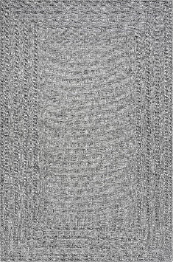 Berry Easy Jute Indoor Outdoor Rug, 6x9 Neutral Bordered Jute Look, Weather Resistant, Easy Care, Lightweight Outdoor Farmhouse Carpet for Patio, Porch, Living Room (6' x 9', Gray)