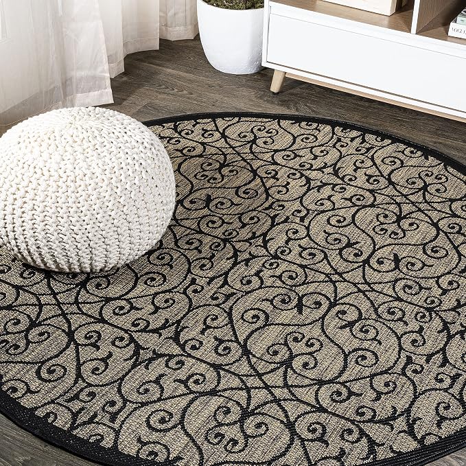 JONATHAN Y Vintage Filigree Indoor Outdoor Round Area Rug 8 Ft Black/Khaki, Madrid Textured Weave for Backyard, Patio, Porch, Easy-Cleaning, High Traffic, Pet-Friendly, Non-Shedding (SMB107A-8R)
