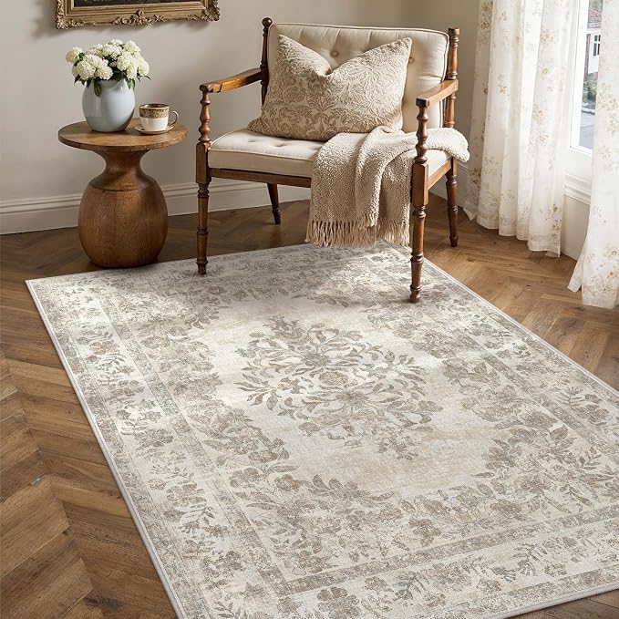 PureCozy 3x4 Area Rug Beige Washable Office Vintage Distressed Carpet Bedroom Indoor Neutral Medallion Floral Living Room Non Slip Retro Throw Floor Mat for Dining Room Kitchen Bathroom