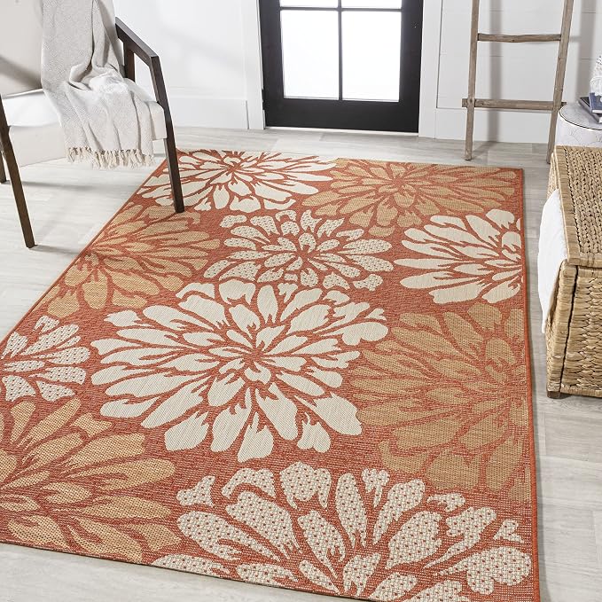 JONATHAN Y Floral Textured Weave Indoor Outdoor Area Rug 3X5 Orange/Cream, Zinnia Modern for Backyard, Patio, Porch, Easy-Cleaning, High Traffic, Pet-Friendly, Non-Shedding (SMB110E-3)