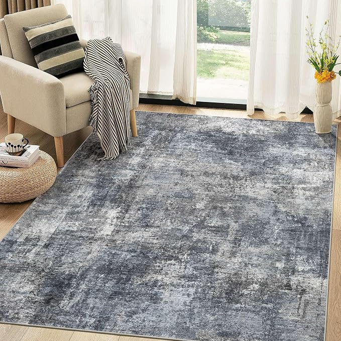 Abstract 7x9 Area Rug: Machine Washable Non Slip Ultra Thin Low-Pile Carpet, Soft Stain Resistant for Living Room Bedroom Nursery, Kid Pet Friendly, Robot Vacuum Compatible - Dark Grey/Blue