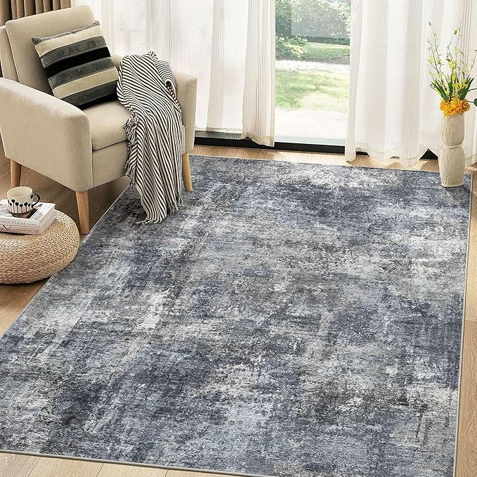 Abstract 5x7 Area Rug: Machine Washable Non Slip Ultra Thin Low-Pile Carpet, Soft Stain Resistant for Living Room Bedroom Nursery, Kid Pet Friendly, Robot Vacuum Compatible - Dark Grey/Blue