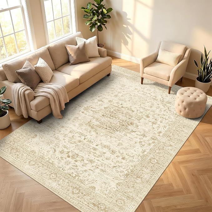 Beige Living Room Rugs 8x10, Vintage Boho Carpet for Bedroom | Neutral Rug for Dining Room, Low Pile Nursery Indoor Area Rug with Non-Slip Silicone Backing, Non-Shedding