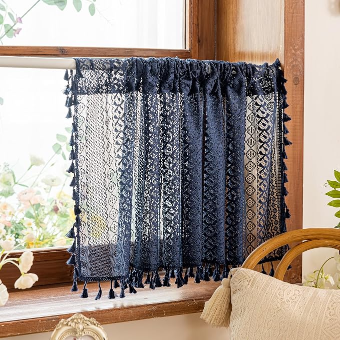 Sutuo Home Navy Blue Boho Curtains Valance 18 Inches Long for Kitchen Cafe, Sheer Lace Short Curtains Bohemian Crochet Privacy Macrame Vintage Tassels Cottagecore Closet Decor Rod Pocket,2 Panels 50"W