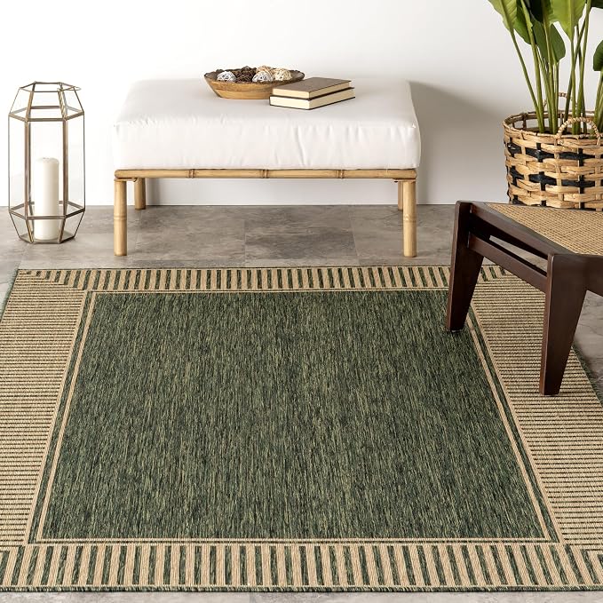Nuloom Asha Green/Brown, 6'7" x 9', Casual, Striped Border, Soft and Cozy, High Traffic, Easy Clean, Durable Area Rug for Indoor/Outdoor Patio, Deck, Porch, Garden, Courtyard