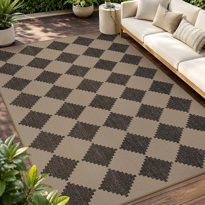 GENIMO Indoor Outdoor Area Rug 5'x8', Checkered Easy Jute Rug Machine Washable, Easy-Cleaning, Non Slip Geometric Outdoor Carpet for Patio, Living Room, Backyard, Porch, Deck, Balcony