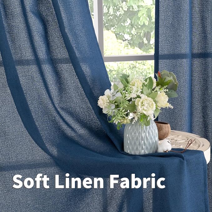 YoungsTex Navy Blue Linen Curtains 63 Inch Length 2 Panels Light Filtering | Semi Sheer Drapes with Bronze Grommet Privacy for Office Bedroom Living Room Window, 52 x 63 Inch