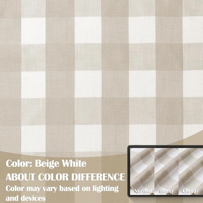 Beige Buffalo Plaid Semi Sheer Curtain Panels 84 Inches Long | Tan Buffalo Gingham Rustic Farmhouse Style,Yarn Dyed Window Treatment Bedroom Living Room,Rod Pocket,2 Panels,40"Wx84"L