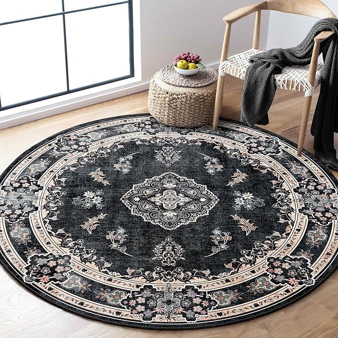 MUJOO Black Round Rug 4ft Small Circle Washable Area Rug Non Slip Floral | Circular Rugs for Bedroom Living Room Entryway Bathroom Bedroom Boho Throw Carpet Soft Low Pile Indoor Vintage Flowers