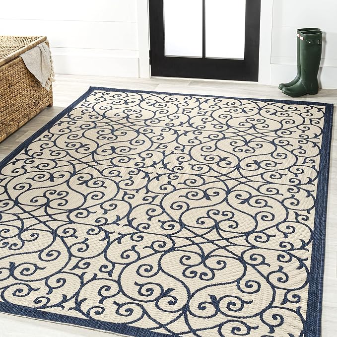 JONATHAN Y Vintage Filigree Indoor Outdoor Area Rug 3X5 Navy/Beige, Madrid Textured Weave for Backyard, Patio, Porch, Easy-Cleaning, High Traffic, Pet-Friendly, Non-Shedding (SMB107G-3)