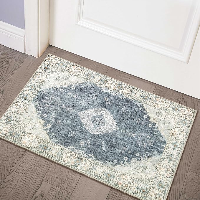 MUJOO 2'x3' Rug Small Washable Area Rugs Non Slip Low-Pile Floral | Machine Washable Throw Carpet for Entryway Kitchen Bathroom Bedroom Boho Soft Indoor Vintage Abstract Flowers Blue and Grey