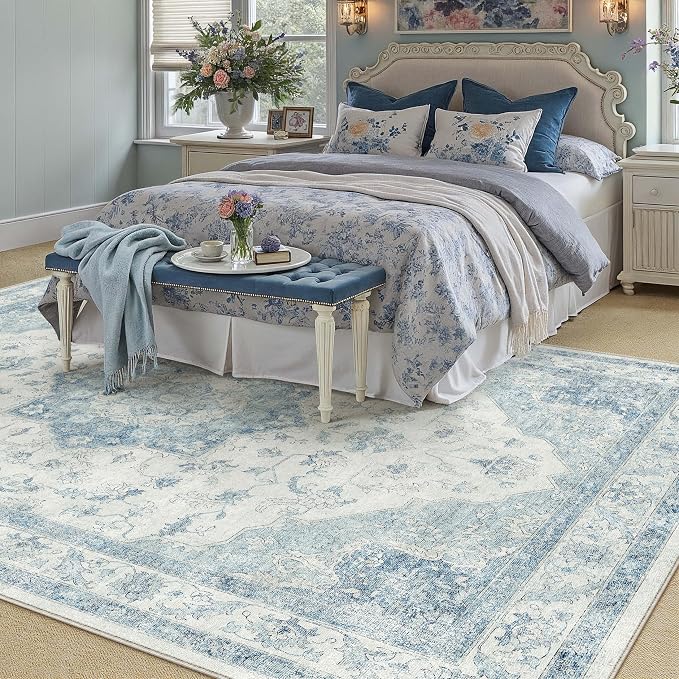 PureCozy Blue Area Rug 6x9 Washable Vintage Carpet for Living Room Bedroom Large Soft Retro Low Pile Thin Indoor Rug Non Slip Oriental Medallion Floor Cover for Dining Room Office
