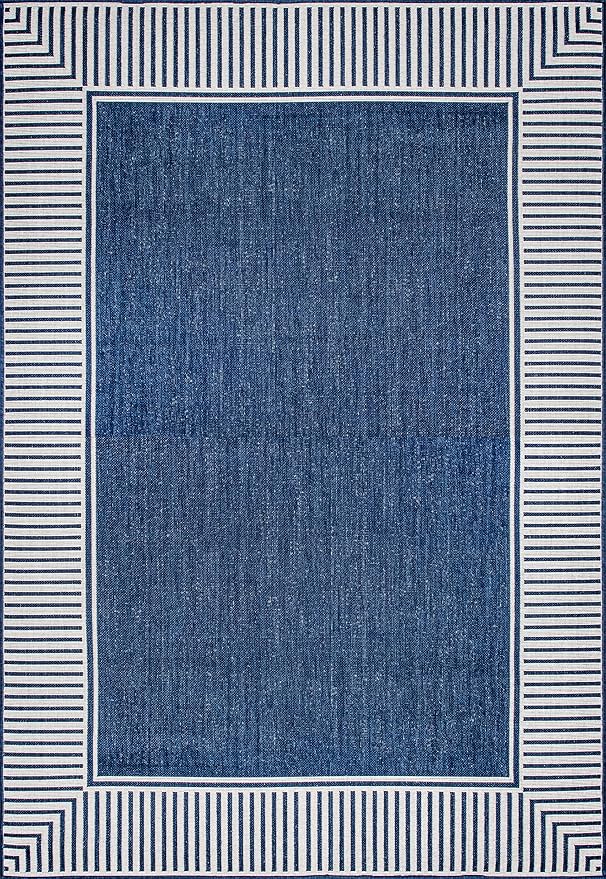 Nuloom Asha Navy/Ivory, 9'6" x 12', Casual, Striped Border, Soft and Cozy, High Traffic, Easy Clean, Durable Area Rug for Indoor/Outdoor Patio, Deck, Porch, Garden, Courtyard