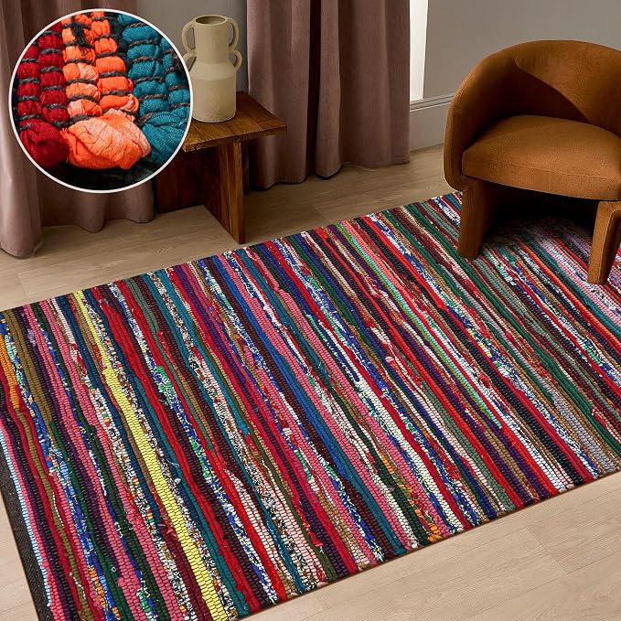 Chindi Rug 3x5, Boho Living Room Woven Braided Multicolor Area Rugs 3x5, Bohemian Colorful Recycled Cotton Rag Rugs for Farmhouse, Bedroom, Dining Room, Classroom, Hallway