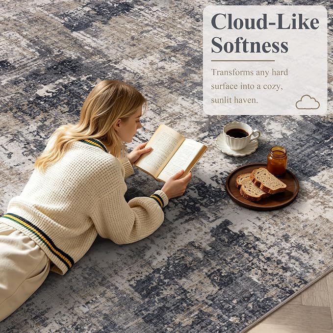 Sasttie 5x7 Soft Area Rug for Living Room, Modern Abstract Washable Carpet for Bedroom, with Non-Slip Backing, Black and Beige