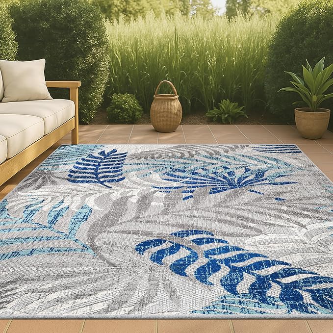 JONATHAN Y Tropics Palm Leaves Indoor Outdoor Area Rug 4X6 Gray/Blue | Ships Rolled, Durable Flat Weave, Lays Flat for Backyard, Patio, Porch, Easy-Cleaning, High Traffic,Pet-Friendly,Non-Shedding