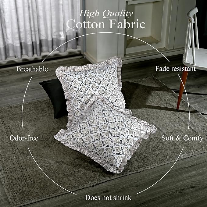 CPC Sandstone Regal Hand Block Print 100% Cotton Ruffle Throw Pillow Cover 20x20 inch with Hidden Zipper Decorative for Couch, Bed, Sofa, Farmhouse, Cottagecore Decor Gift Christmas Fall Thanksgiving