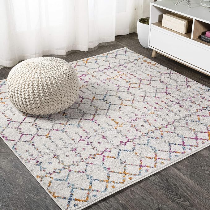 JONATHAN Y Boho Vintage Diamond Ivory/Multi Square Area Rug 5X5 ft, Moroccan Hype for Living Room, Bedroom, Kitchen, Office, Easy-Cleaning, High Traffic, Pet-Friendly, Non-Shedding (MOH101E-5SQ)