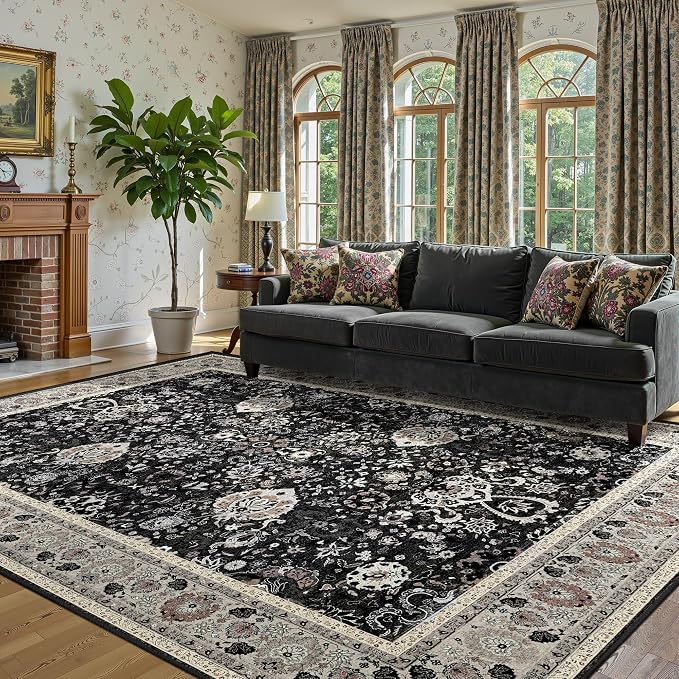 Blcak 8x10 Vintage Rugs for Living Room, Washable Rugs Non Slip Large Area Rug for Bedroom Dining Room Office, Floor Decoration Big Rug Carpet Low-Pile Kid & Pet Friendly(Blcak Navy Multi