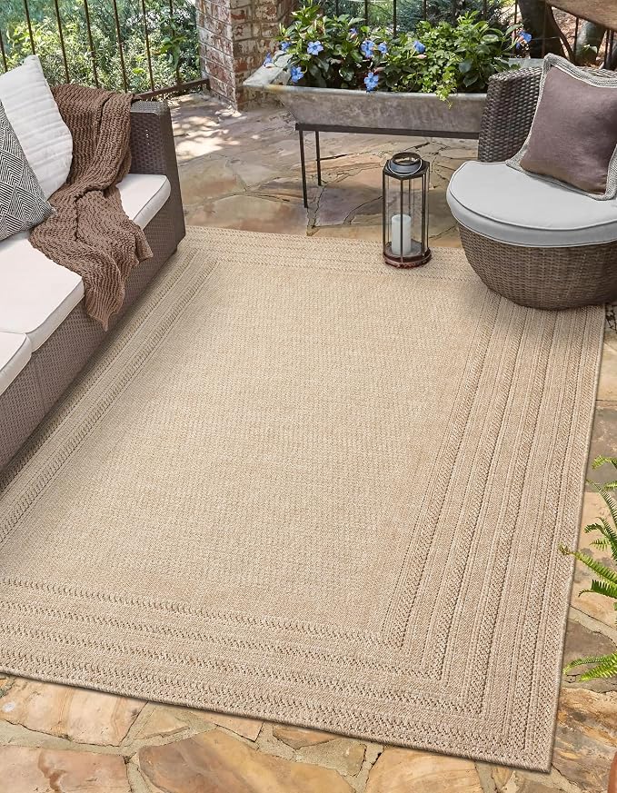 Berry Easy Jute Indoor Outdoor Rug, 6x9 Neutral Bordered Jute Look, Weather Resistant, Easy Care, Lightweight Outdoor Farmhouse Carpet for Patio, Porch, Living Room (6' x 9', Natural)
