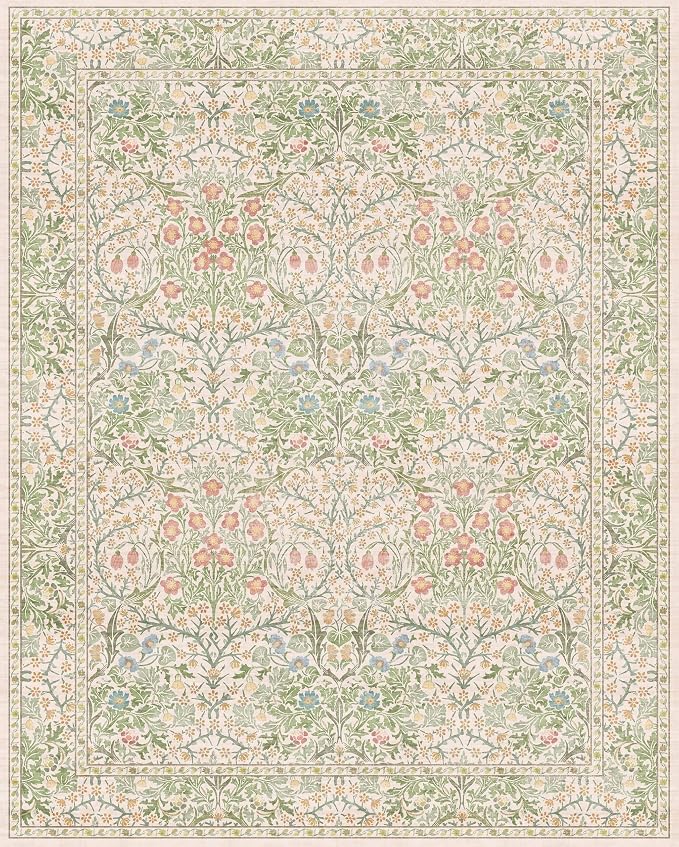 Cream Green Washable 8x10 Area Rugs for Living Room, Bedroom, Dining Room Under Table, Playroom, Stain Resistant Non-Slip Light Green Carpet with Pale Yellow and Pink Blossoms and Blue Flowers