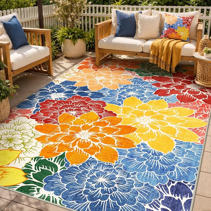 GENIMO 6x9 Outdoor Rug, Washable for Patio and Deck, Multicolor | Floral design for dining area; fade resistant chenille with quick-dry non-slip backing for indoor sunroom