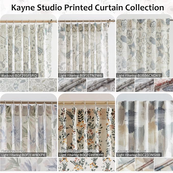 Kayne Studio Linen Textured Botanical Semi Sheer Curtains, Blue Grey Floral Farmhouse Curtains for Living Room Bedroom, Light Filtering Jacobean Curtain Panels, Rod Pocket Back Tab,52"x95",2 Panels