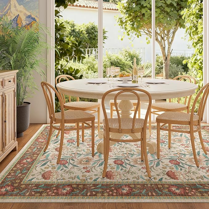 DUKINO 4x6 Area Rug, Washable Vintage Floral Rug for Living Room, Brown | Non Slip, Low Pile, Stain Resistant Boho Lightweight Soft Indoor Carpet for Bedroom Office Dining Room Entryway Farmhouse