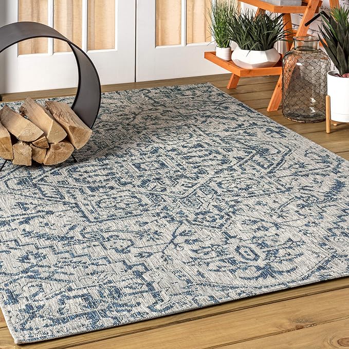 JONATHAN Y Boho Medallion Indoor Outdoor Area Rug 9X12 Navy/Gray, Estrella Textured Weave for Backyard, Patio, Porch, Easy-Cleaning, High Traffic, Pet-Friendly, Non-Shedding (SMB105B-9)