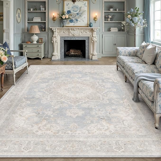 PureCozy 10x12 Area Rug Washable Blue Vintage Oriental Medallion | Non Slip, Soft Low Pile, Indoor Carpet for Living Room, Bedroom, Dining Room, Retro Decor