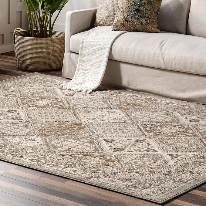 Nuloom Becca Taupe/Ivory, 2'6" x 12', Traditional Tiled, Soft and Cozy, High Traffic, Stain Resistant, Easy Clean, Durable Runner for Bedroom, Living Room, Dining Space, Den, Foyer, Entryway