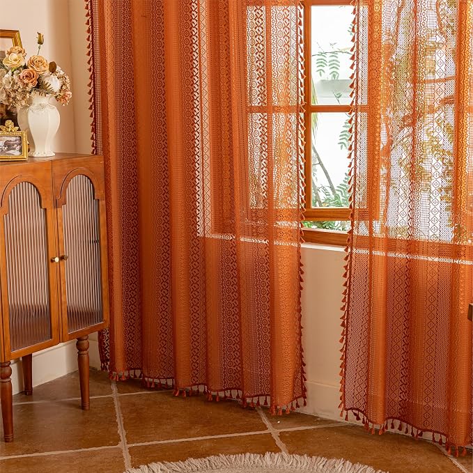 Sutuo Home Terracotta Boho Lace Curtains 2 Panels 84 Inches Long for Living Room&Bedroom, Burnt Orange Crochet Privacy Farmhouse Vintage Tassels Retro Halloween Window Sheer Curtains Rod Pocket,50" W