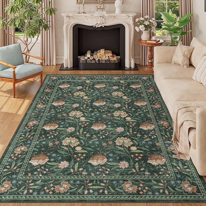 DUKINO 5x7 Area Rugs, Vintage Floral Washable Rug for Living Room, Green | Non Slip, Low Pile, Non-Shedding, Stain Resistant Lightweight Boho Soft Carpet for Bedroom Home Office Dining Room Farmhouse