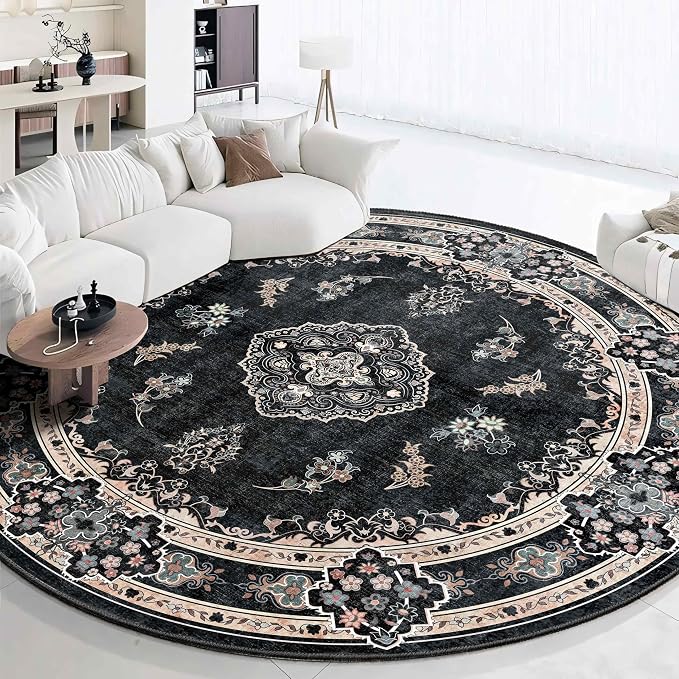 MUJOO Black Round Rug 9ft,Circle Washable Area Rug Non Slip Low-Pile Floral | Large Circular Rugs for Living Room Bedroom Dining Room Boho Throw Carpet Soft Floor Indoor Vintage Bohemian Flowers