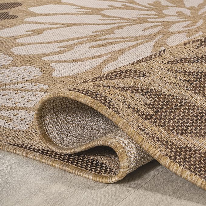 JONATHAN Y Floral Textured Weave Indoor Outdoor Round Area Rug 4 Ft Brown/Cream, Zinnia Modern for Backyard, Patio, Porch, Easy-Cleaning, High Traffic, Pet-Friendly, Non-Shedding (SMB110I-4R)