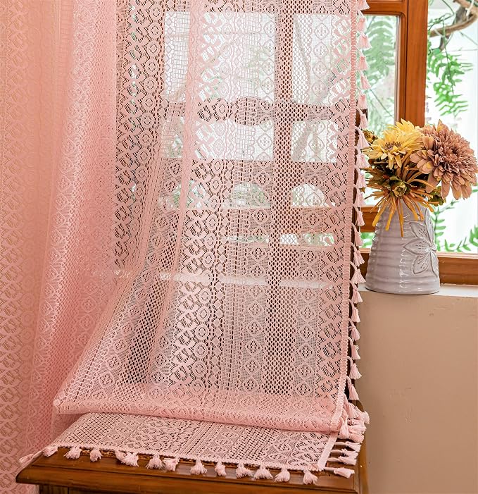 Sutuo Home Boho Curtains 2 Panels for Nursery Kid's Room,Sheer Lace Curtains Crochet Vintage Chic Tassels Farmhouse Bohemian Drape Privacy Window Treatments Rustic Rod Pocket, 50" x 63" Light Pink