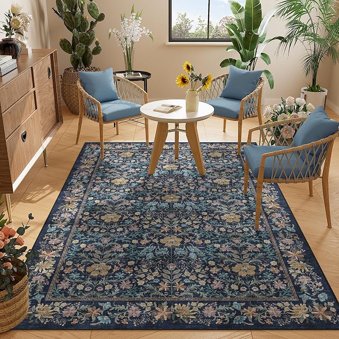 DUKINO 4x6 Rug for Living Room, Washable Vintage Floral Area Rug, Dark Blue | Non Slip, Low Pile, Non-Shedding, Aesthetic Lightweight Soft Indoor Carpet for Bedroom Kitchen Bathroom Entryway Farmhouse