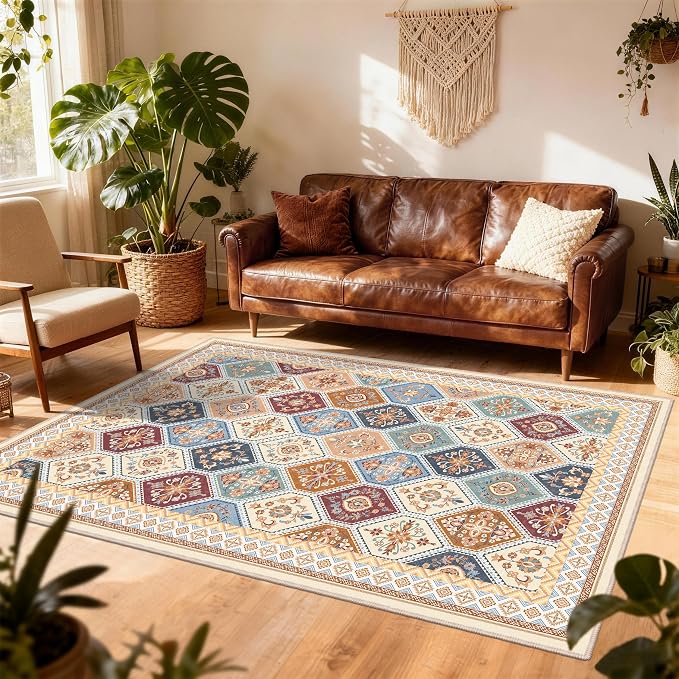 6x9 Area Rugs for Living Room, Soft Non-Slip Vintage Boho Moroccan, Low-Pile Printed Washable Rug Carpet for Living Room, Bedroom, Dining Room, Playroom-Multi | Multi, Soft Low-Pile Printed Washable Rug Carpet for Living Room, Bedroom, Dining Room, Pla...