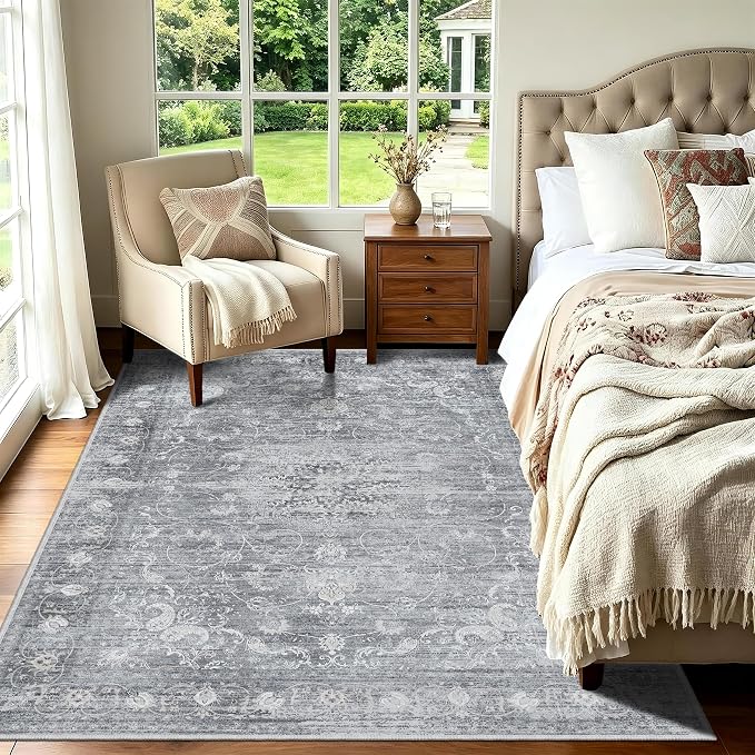 5x7 Area Rugs, Vintage Boho Carpet for Bedroom, Living Room, Gray | TTelephant Washable Low Pile Rug for Dining Roomwith Non-Slip Silicone Backing, Stain Resistant