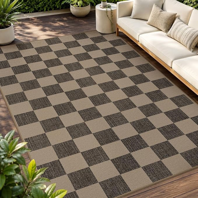GENIMO Indoor Outdoor Area Rug 8'x10', Checkered Easy Jute Rug Machine Washable, Easy-Cleaning, Non Slip Plaid Outdoor Carpet for Patio, Living Room, Backyard, Porch, Deck, Balcony
