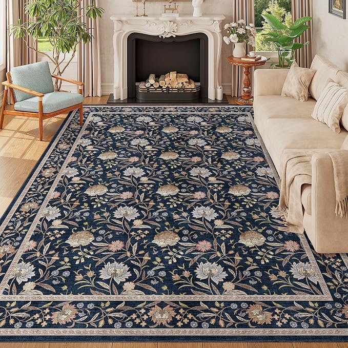 DUKINO 9x12 Area Rug for Living Room Vintage Floral Washable Rug, Navy Blue | Non Slip, Low Pile, Non-Shedding, Stain Resistant, Aesthetic Soft Indoor Large Carpet for Bedroom Dining Room Farmhouse