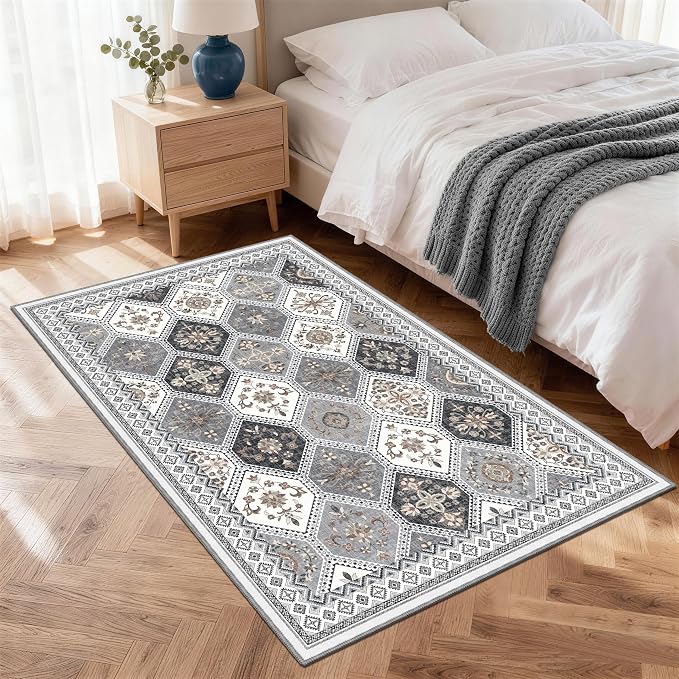 4x6 Area Rug, Soft Non-Slip Boho Moroccan Rug,Gray/Gold | Low-Pile Printed Indoor Washable Area Rugs for Living Room, Bedroom Bedside, Entryway, Kitchen